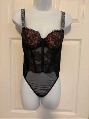 Victoria's Secret Black Lace Bodysuit with Logo Straps